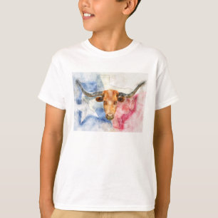 Camiseta Vaca Longhorn con mapa de Texas y acuarela con ban