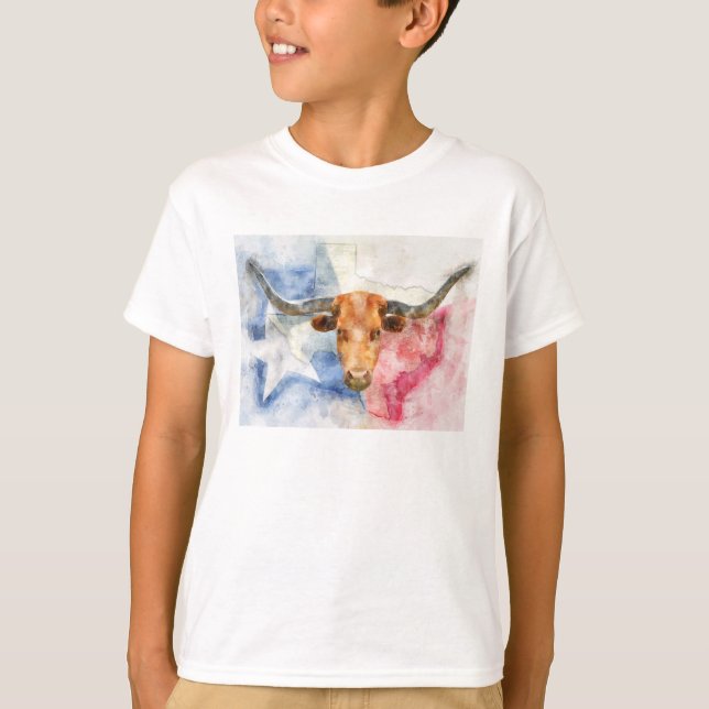 Camiseta Vaca Longhorn con mapa de Texas y acuarela con ban (Anverso)