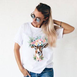 Camiseta Vaca marrón acuarela con corona floral