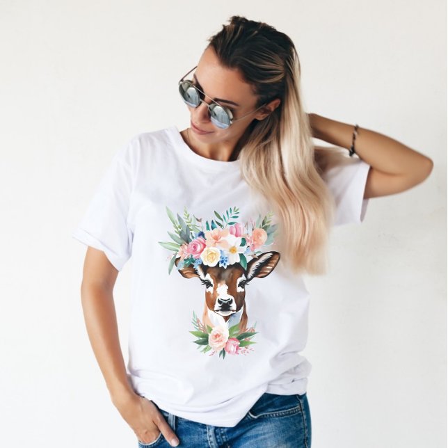 Camiseta Vaca marrón acuarela con corona floral (Subido por el creador)