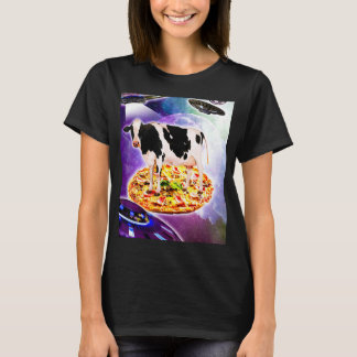 Camiseta Vaca montando pizza en el espacio con ovni