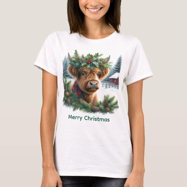 Camiseta Vaca navideña de las Tierras Altas con Pino  (Anverso)