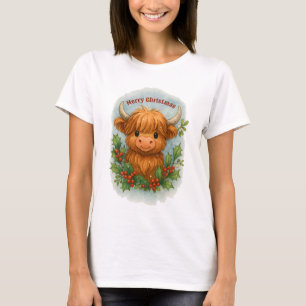 Camiseta Vaca navideña escocesa de las Tierras Altas Acebo