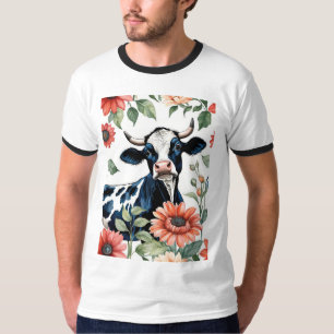 Camiseta Vaca Negra Y Blanca Con Flores Naranjas