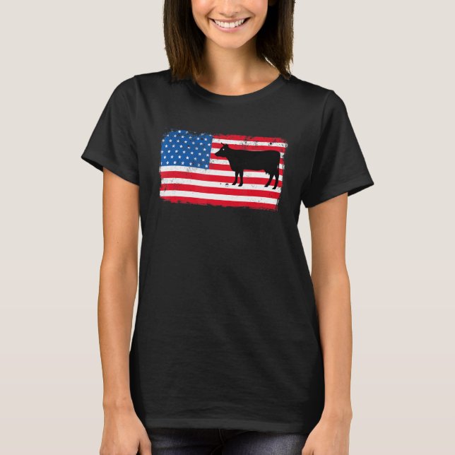 Camiseta Vaca Patriótica Bandera De Eeuu Granja Lechera 4 D (Anverso)