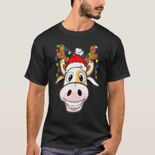 Camiseta Vaca Reno Sombrero Santa Luces de Navidad Vaca Chr