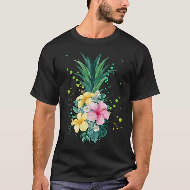 Camiseta Vacaciones de arte de piña en las flores de Hawái (Anverso)