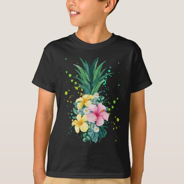 Camiseta Vacaciones de arte de piña en las flores de Hawái (Anverso)