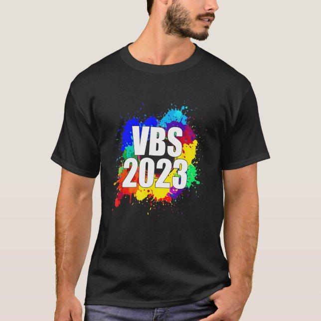 Camiseta Vacation Bible School Crew 2023 Paint Splatter I L (Anverso)