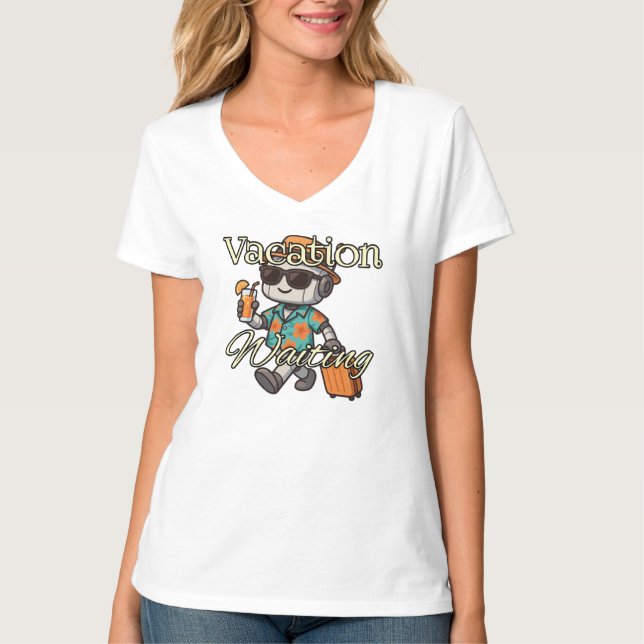Camiseta Vacation Waiting | Cute Robot Summer Women's V-Nec (Anverso)