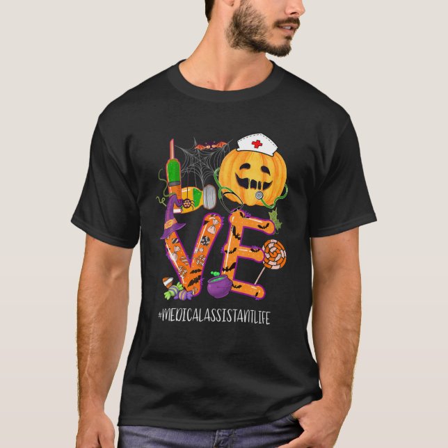 Camiseta Vacuna de Calabaza de Halloween con asistente médi (Anverso)