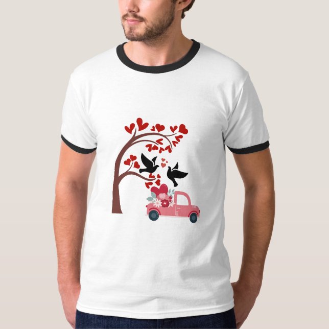 Camiseta Valentine Love Birds & Floral Pink Truck Tee (Anverso)