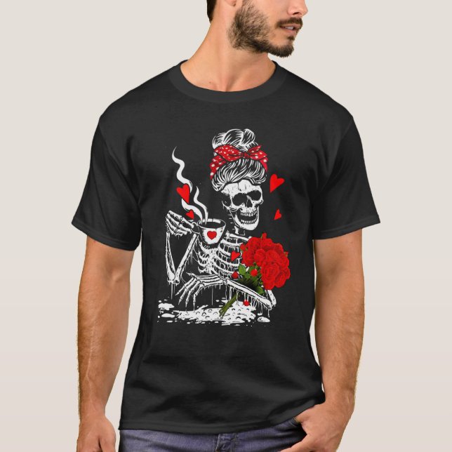 Camiseta Valentine Woman Skeleton Rosa Messy Bun Café Wo (Anverso)