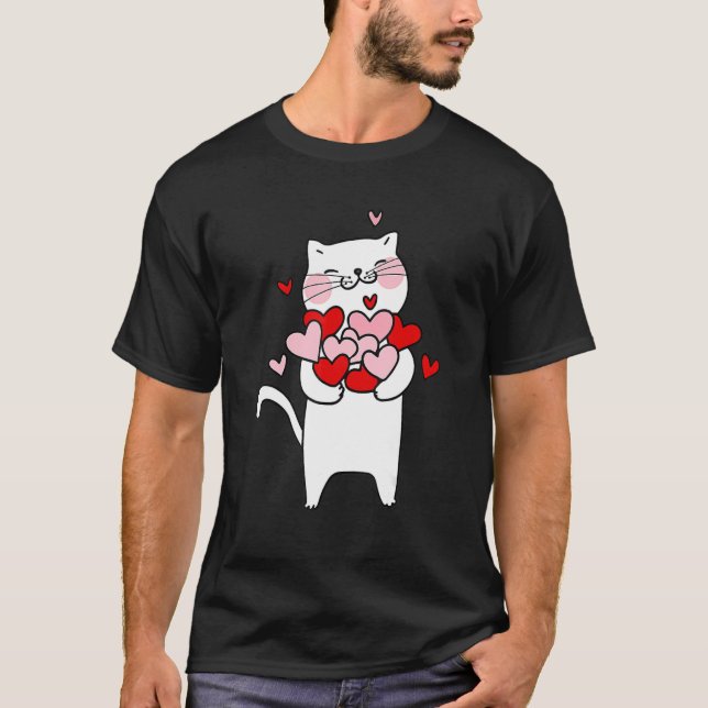 Camiseta Valentine's Cat Holding Hearts Cat Lover Cat Owner (Anverso)