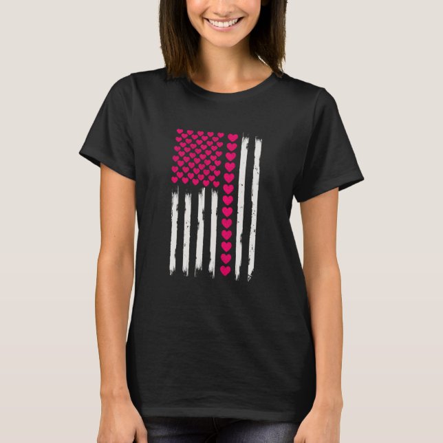 Camiseta Valentines Day American Flag Hearts pink Distresse (Anverso)