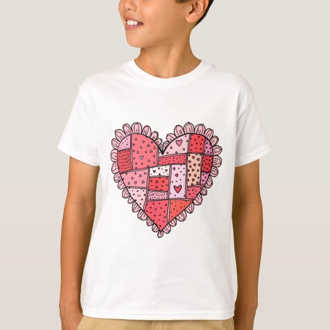 Camiseta Valentine's Day Faux Patchwork Heart Doodle Kids (Anverso)