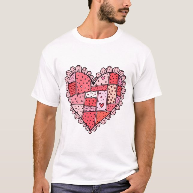Camiseta Valentine's Day Faux Patchwork Heart Doodle Style (Anverso)