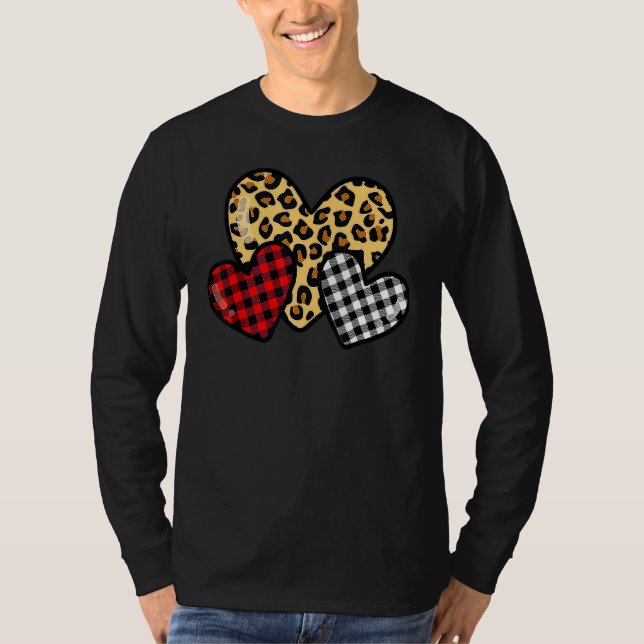 Camiseta Valentines Day Hearts Leopard Buffalo Plaid Girls  (Anverso)