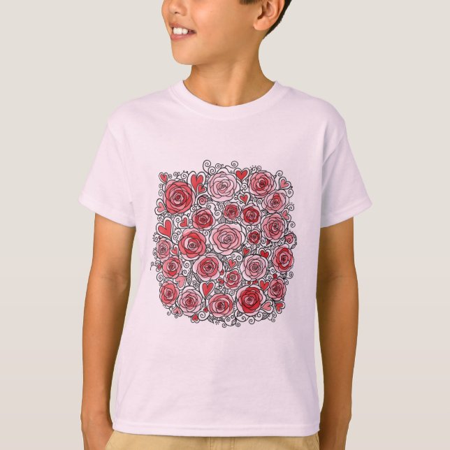 Camiseta Valentine's Day Pink Red Roses Hearts Doodles  (Anverso)