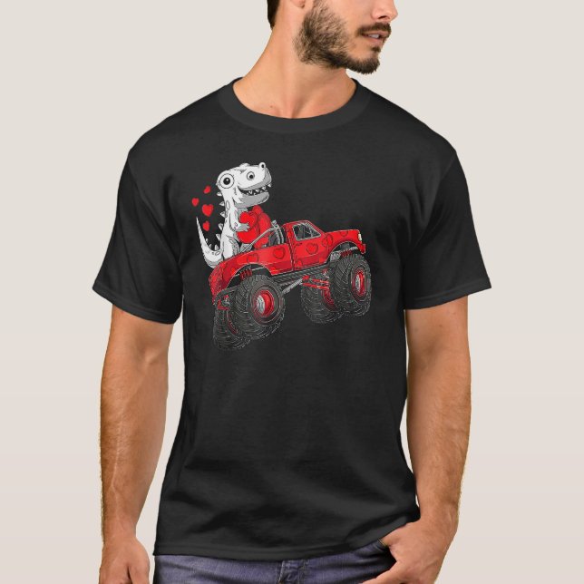 Camiseta Valentines Day Rex Riding Monster Truck Boys Kids (Anverso)
