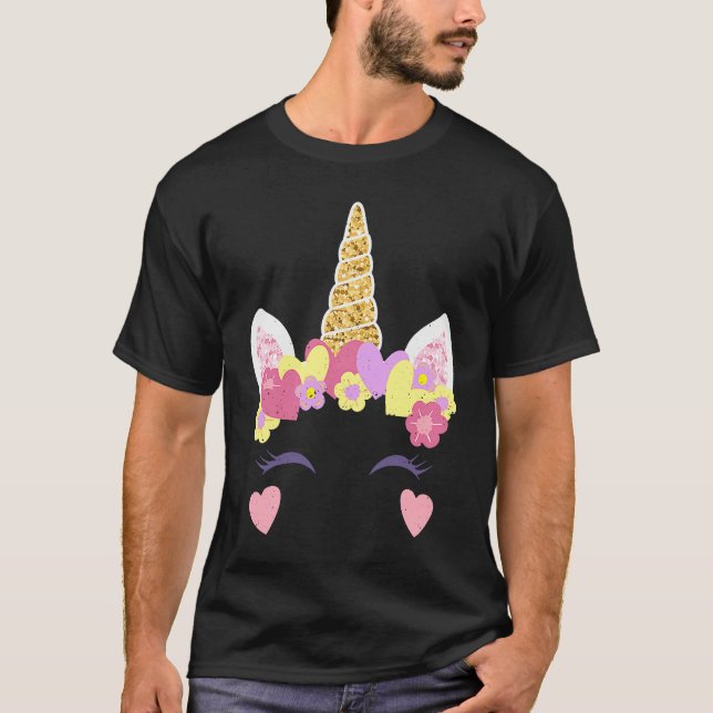 Camiseta Valentine's Day Unicorn Face Hearts Cute Matching  (Anverso)