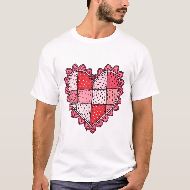 Camiseta Valentine's Doodle Art Style Faux Patchwork Heart  (Anverso)