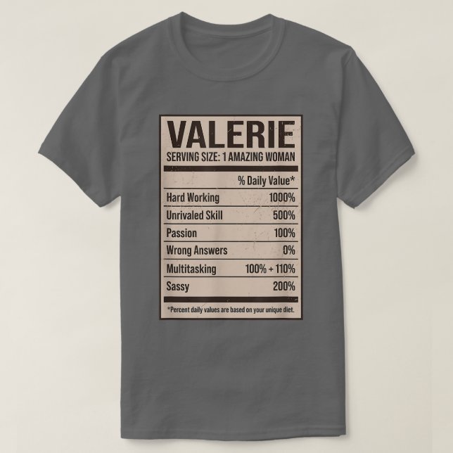 Camiseta Valerie Nutrition Facts Name Nickname Alias Title (Diseño del anverso)
