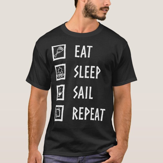 Camiseta Valheim Comer, Dormir, Navegar, Repetir (Fuente Bl (Anverso)