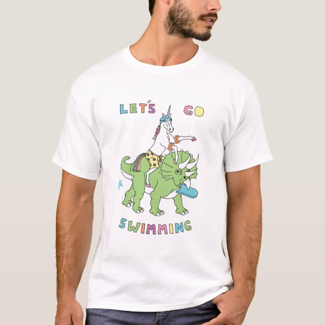 Camiseta Vamos a nadar (macho) Unicornio montando dinosauri (Anverso)