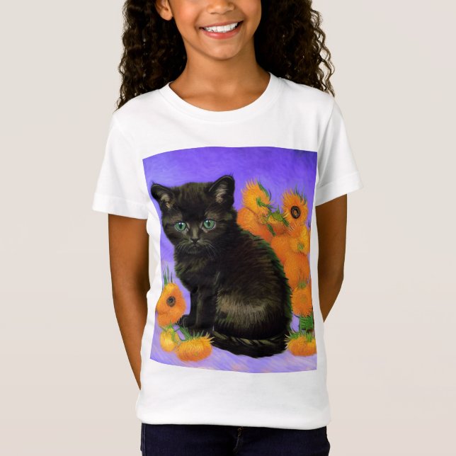 Camiseta Van Gogh Black Kitten con girasoles (Anverso)