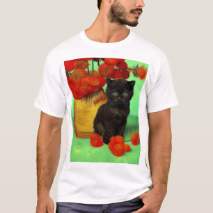 Camiseta Van Gogh Black Kitten Red Flowers