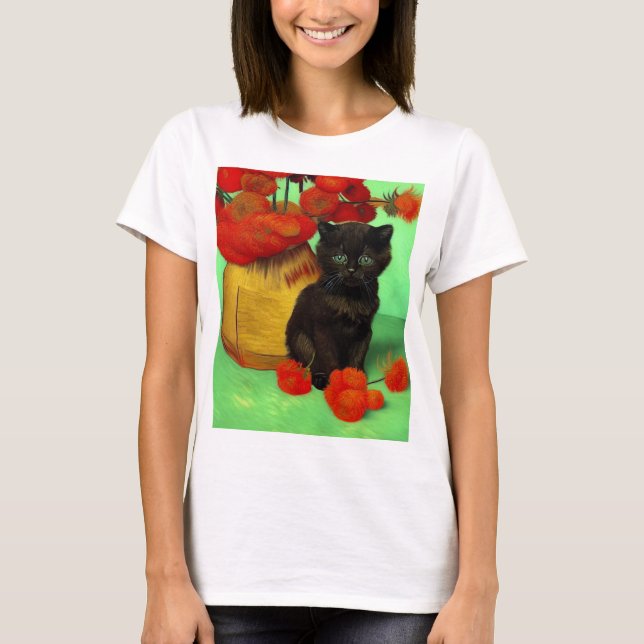 Camiseta Van Gogh Black Kitten Red Flowers (Anverso)