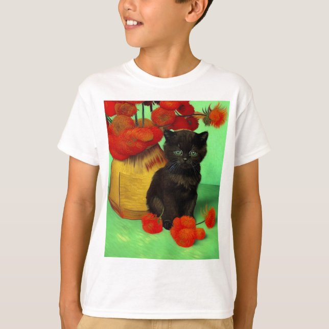 Camiseta Van Gogh Black Kitten Red Flowers (Anverso)