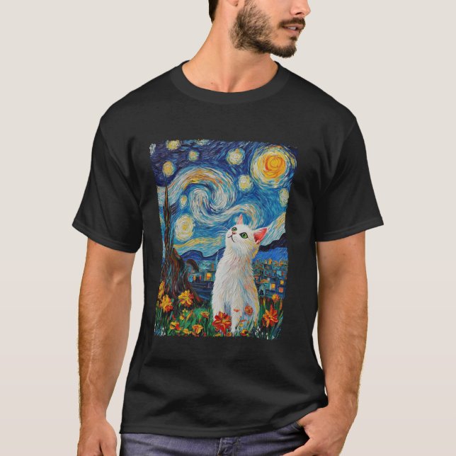 Camiseta Van Gogh Noche Estrellada Gato Blanco (Anverso)