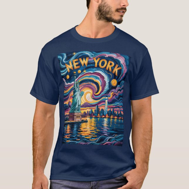 Camiseta Van Gogh Starry Night Art New York Liberty Skyline (Anverso)