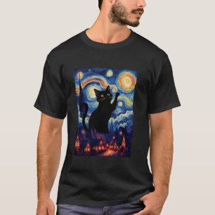 Camiseta Van Gogh Starry Night Black Cat Lover Mom Dad Funn