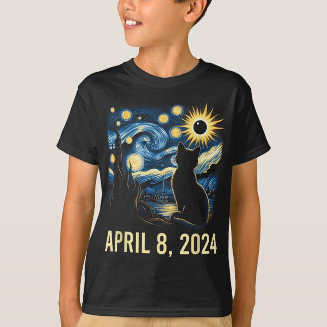 Camiseta Van Gogh Starry Night Cat Total Eclipse Solar Abri (Anverso)