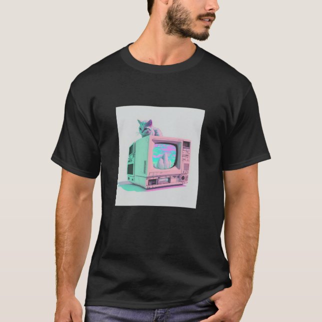 Camiseta Vaperwave Aesthetic Glitch Cat Retrowave Synthwave (Anverso)