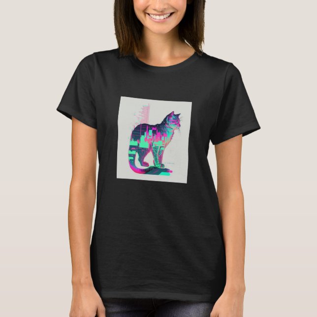 Camiseta Vaperwave Aesthetic Glitch Cat Retrowave Synthwave (Anverso)