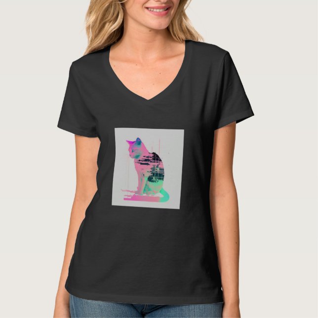 Camiseta Vaperwave Aesthetic Glitch Cat Retrowave Synthwave (Anverso)