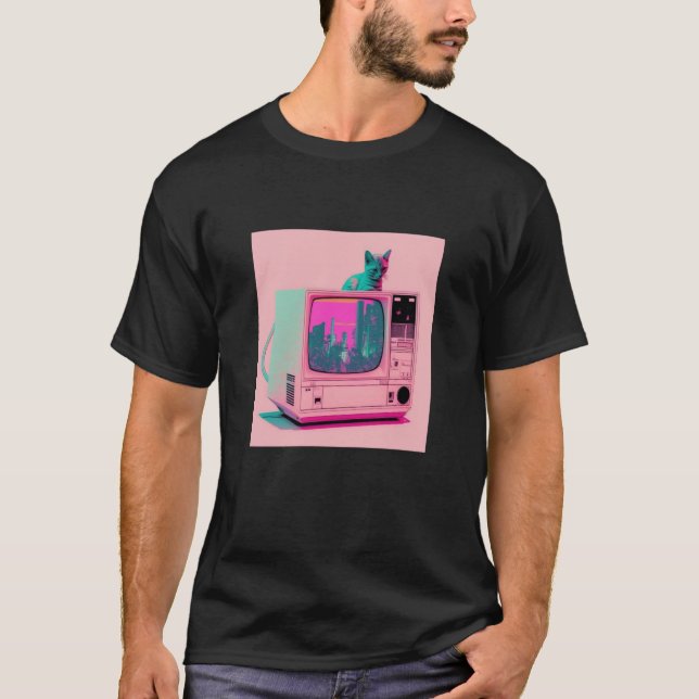 Camiseta Vaperwave Aesthetic Glitch Cat Retrowave Synthwave (Anverso)
