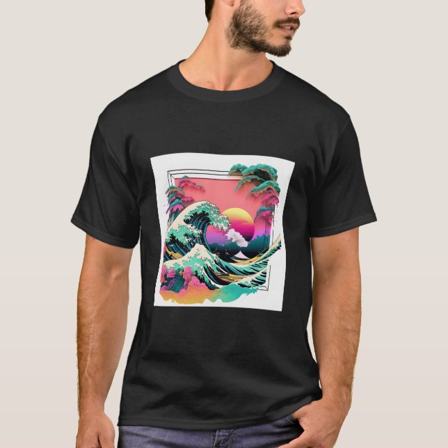 Camiseta Vaperwave Aesthetic Glitch Great Wave Wave Synthwa (Anverso)