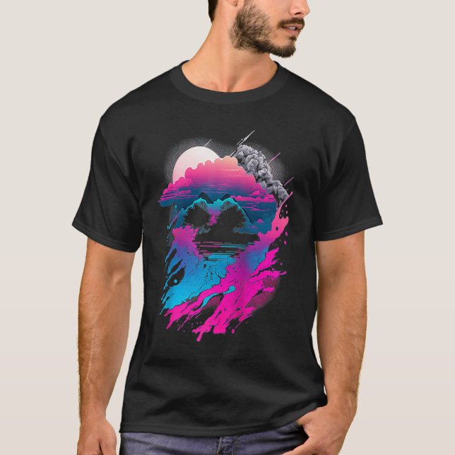 Camiseta Vaporwave Abstract Landscape Moon Tree Waterfall B (Anverso)
