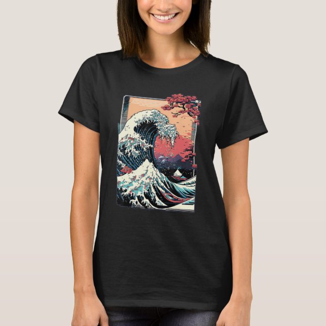 Camiseta Vaporwave Glitch Estética Gran Ola de Kanagawa (Anverso)