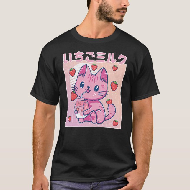 Camiseta Vaporwave Strawberry Cat 90s Japanese Kawaii Straw (Anverso)