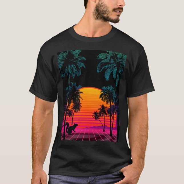 Camiseta Vaporwave Sunset Palms – Neon Squirrel Gridscape (Anverso)