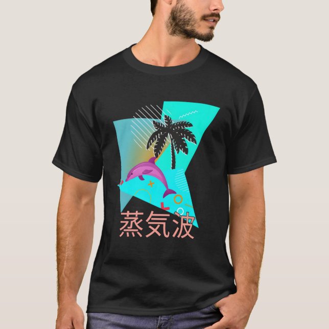 Camiseta Vaporwave Synthwave Dolphin Ocean Kanjis (Anverso)