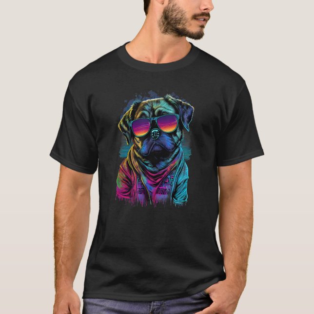 Camiseta Vaporwave Synthwave Retrowave 80s Pug Dog con Sol (Anverso)