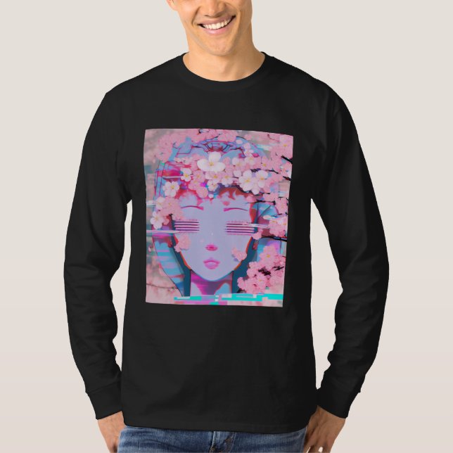 Camiseta Vaporwave Synthwave Retrowave Glitch Flor de Cerez (Anverso)