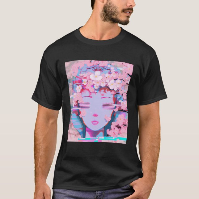 Camiseta Vaporwave Synthwave Retrowave Glitch Flor de Cerez (Anverso)
